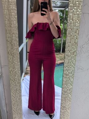 Off-Shoulder Ruffle Wide-Leg Jumpsuit in Burgundy